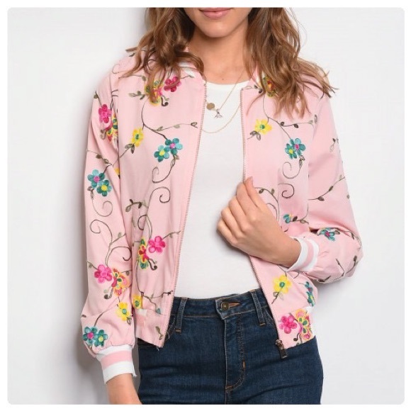 Floral Embroidered Pink Bomber Jacket - Picture 5 of 8
